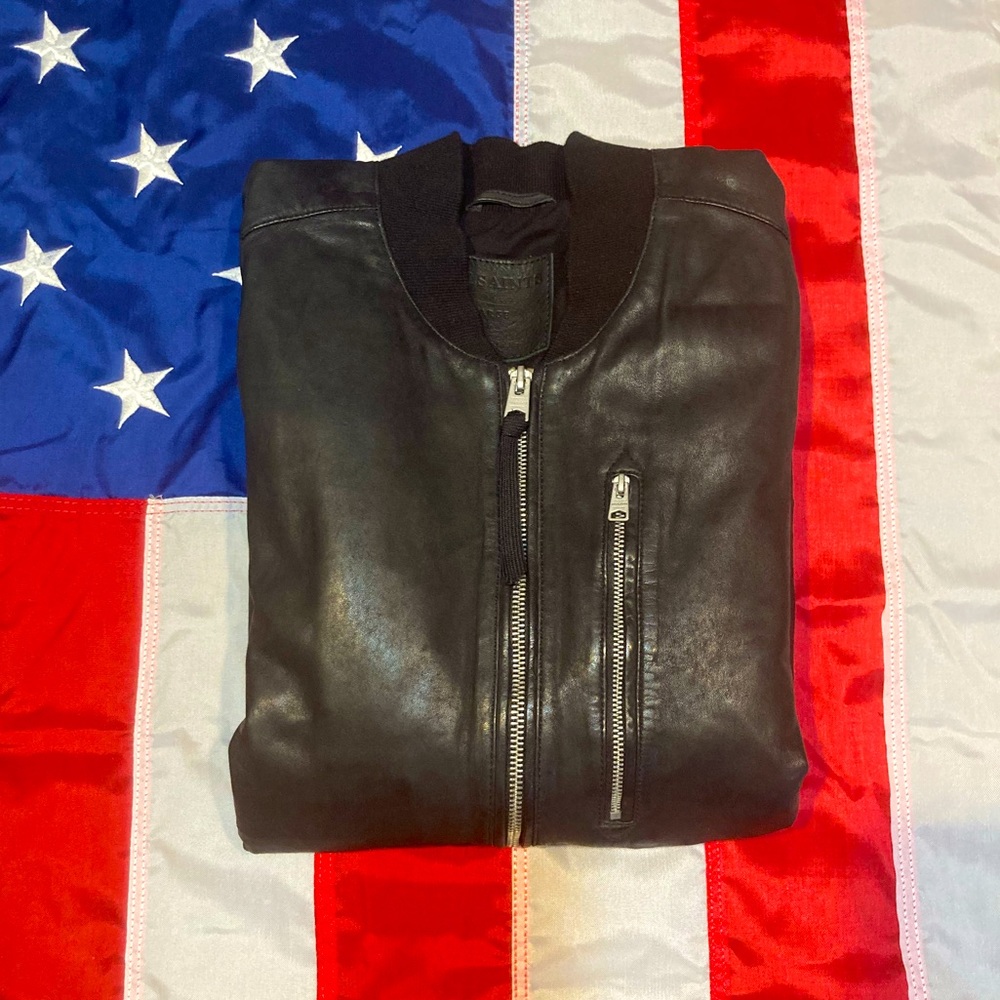 Mens Allsaints Kino Leather Bomber Jacket Black Size Large